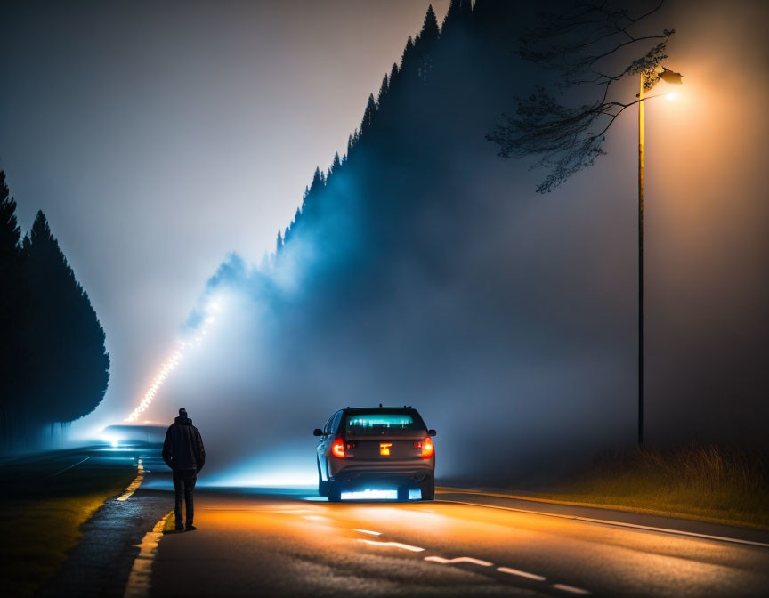 Person by Car on Foggy Night Road with Street Lamp and Brake Lights