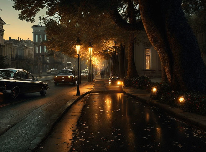 Vintage cars and glowing street lamps on a serene dusk street