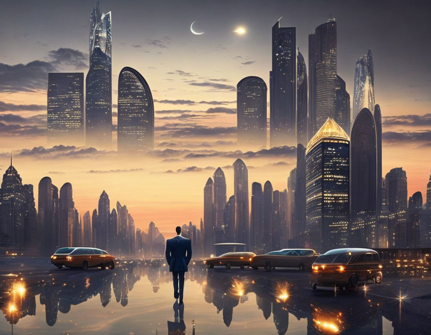 Business person in suit in front of futuristic cityscape with skyscrapers and flying cars at twilight.