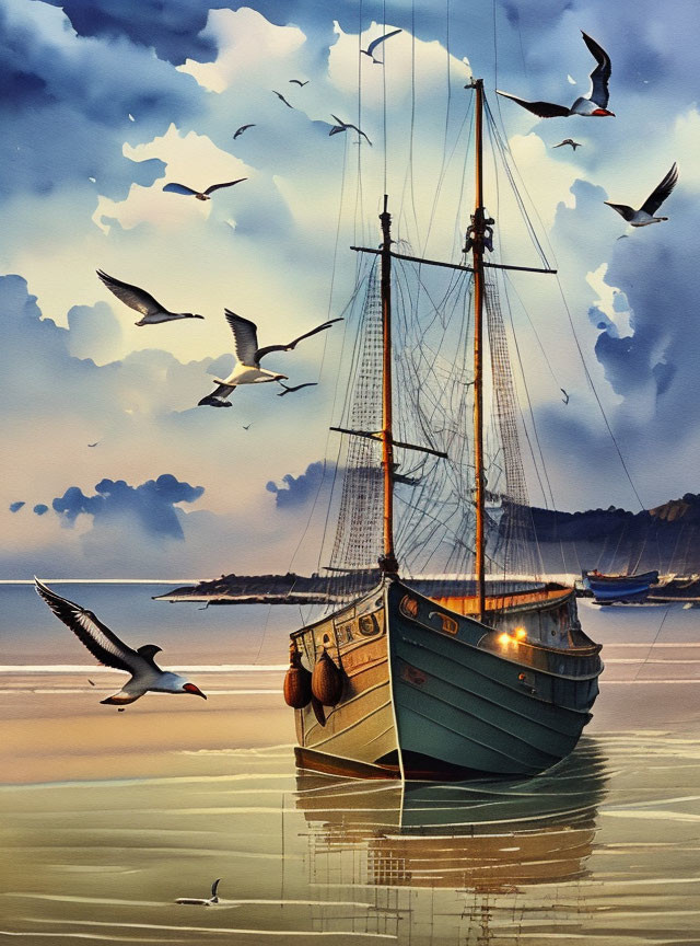 Tranquil twilight setting with sailboat, seagulls, and reflections