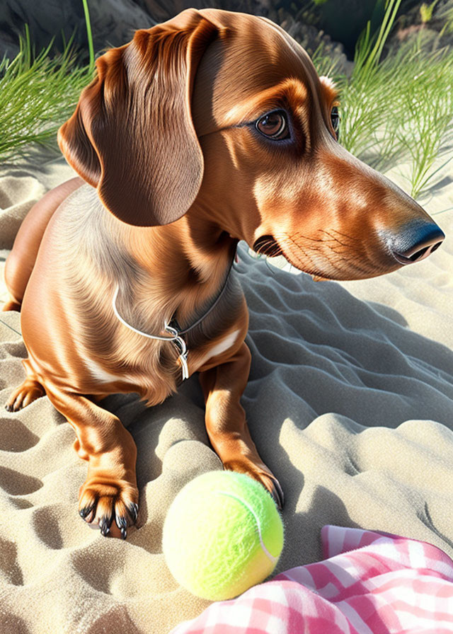 Brown dachshund on sand with tennis ball and pink striped towel in sunlight