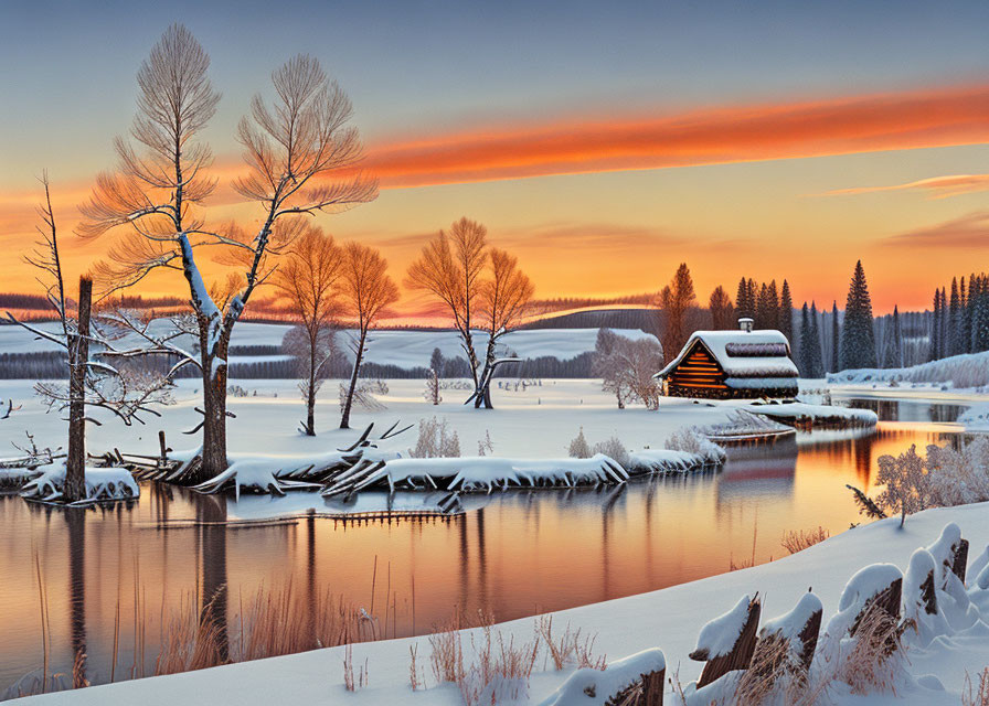 Snow-covered river with wooden cabin at winter sunset