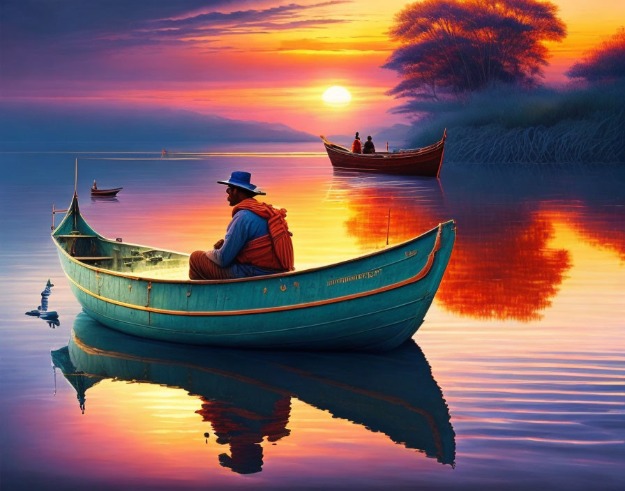 Person in Blue Boat on Calm Lake at Sunset