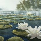 Tranquil pond with water lilies in misty, ethereal light