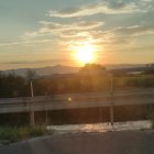 Tranquil sunrise over landscape with solitary tree, rolling fields, and reflective pond.