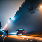 Person by Car on Foggy Night Road with Street Lamp and Brake Lights