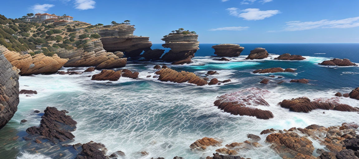 Layered rock formations on rocky coastline by turquoise sea