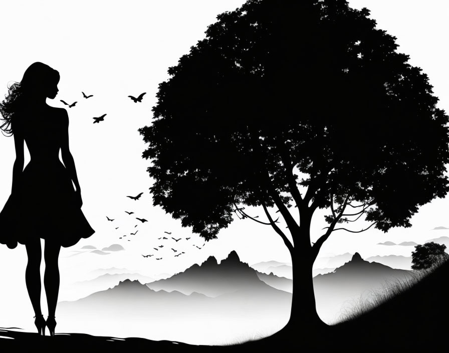 Woman Silhouette Watching Birds Near Tree and Mountains