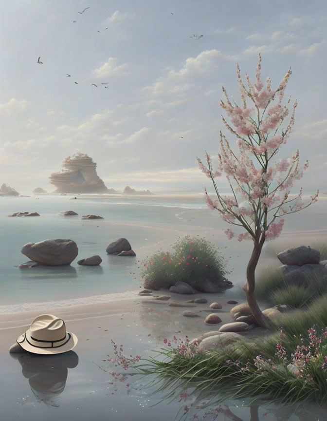 Tranquil beach landscape with cherry blossom tree, rocks, hat, misty islands, and birds