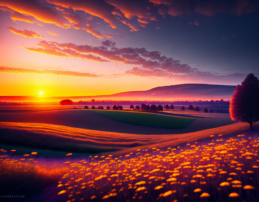 Tranquil sunset over rolling countryside with trees and flowers