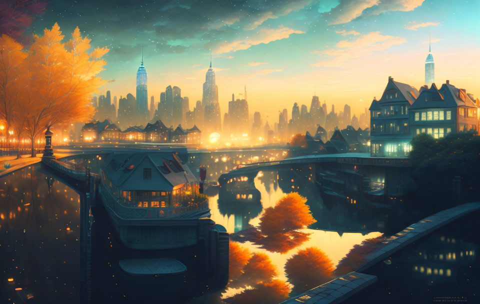 Futuristic cityscape: Tranquil autumn evening with glowing streetlights