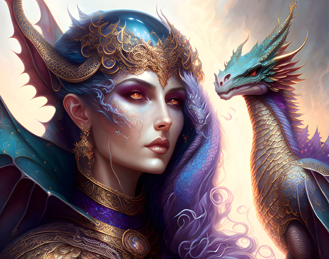 Elaborate golden headgear on regal woman with dragon companion