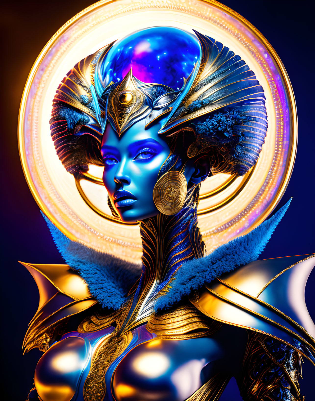 Futuristic female character with blue skin and golden headdress