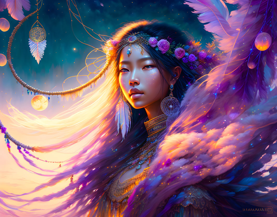 Mystical portrait of woman with floral headdress and celestial background