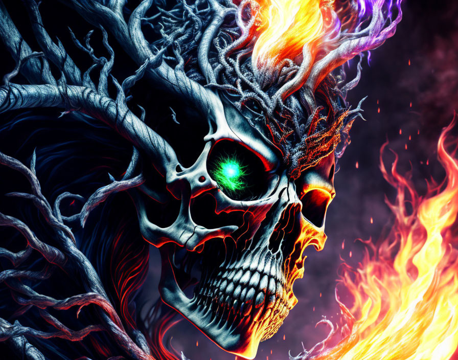 Digital artwork: Skull with green glowing eye, blue and orange flames, skeletal branches.