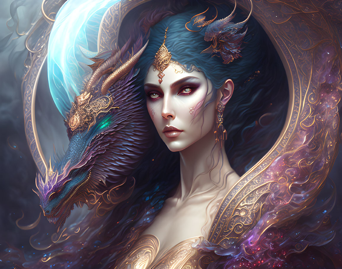 Fantastical digital artwork: Woman with blue hair, gold jewelry, and dragon under mystical moon