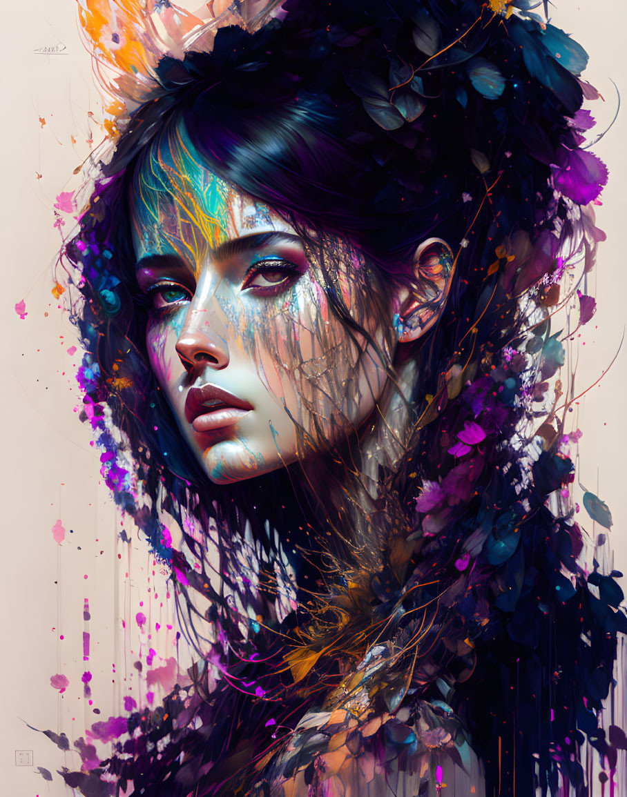 Colorful digital artwork: Woman with floral adornments and paint splatters