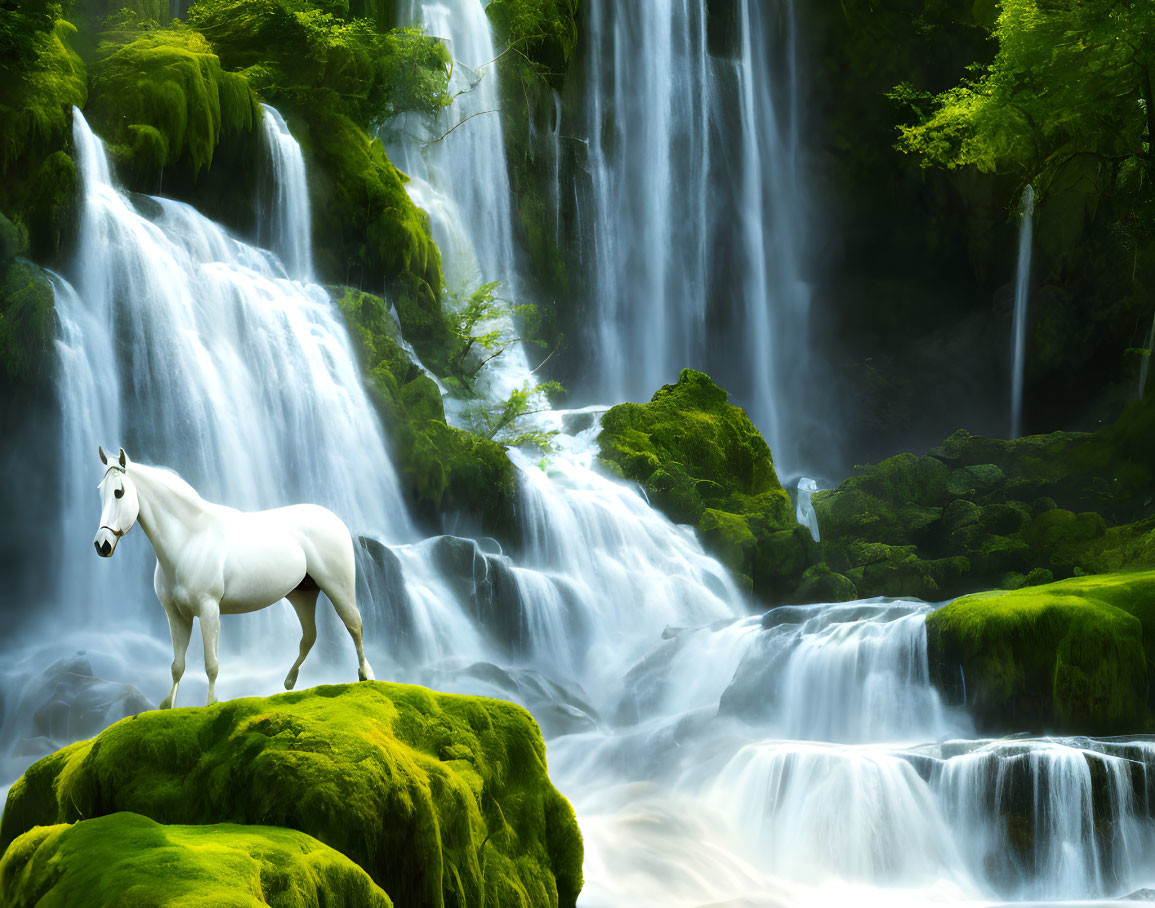 White Horse Standing on Green Foliage Near Waterfall in Lush Forest