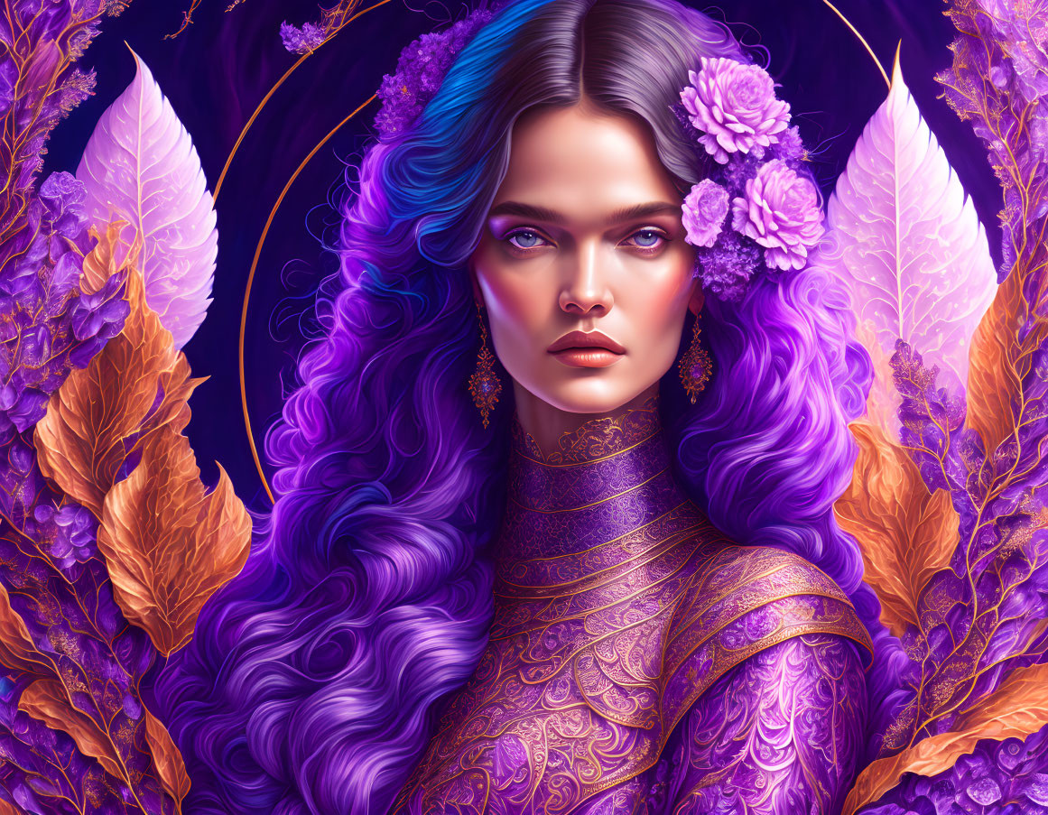 Vibrant purple-haired woman with floral adornments in golden feather and purple foliage setting