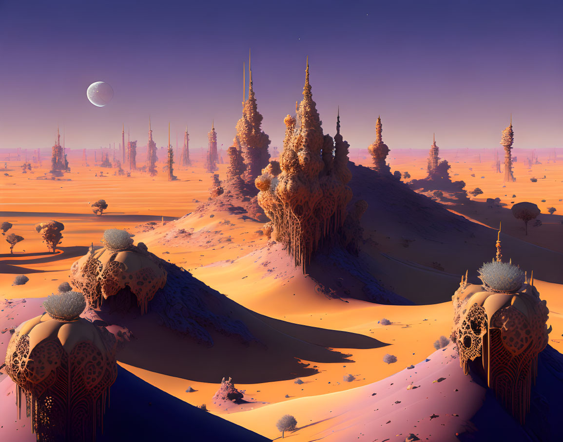 Surreal desert landscape with coral-like structures at sunset