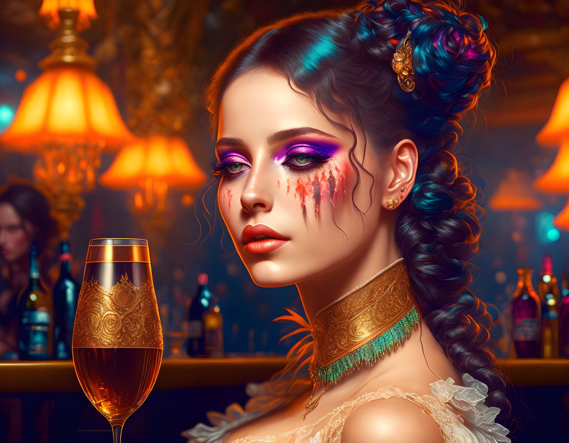 Detailed digital artwork of woman with intricate makeup and tears, fancy choker, and blurred bar scene.