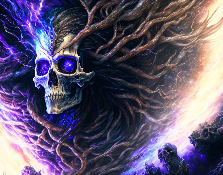 Colorful skull with glowing blue eyes in cosmic setting.