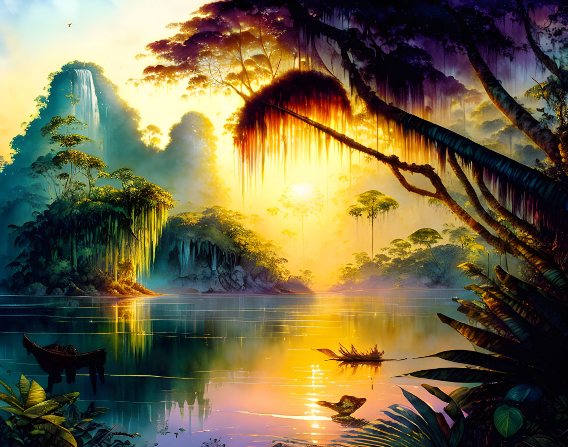 Glowing sunset over river with lush jungle and canoes