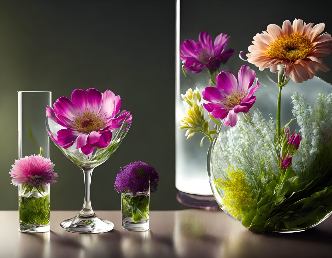 Colorful Flowers in Clear Glass Vases on Reflective Surface