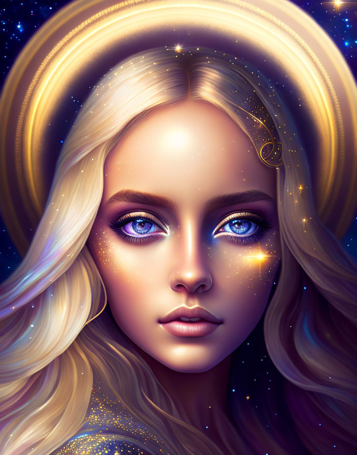 Woman's digital portrait with golden halo, sparkling stars, purple eyes, celestial backdrop