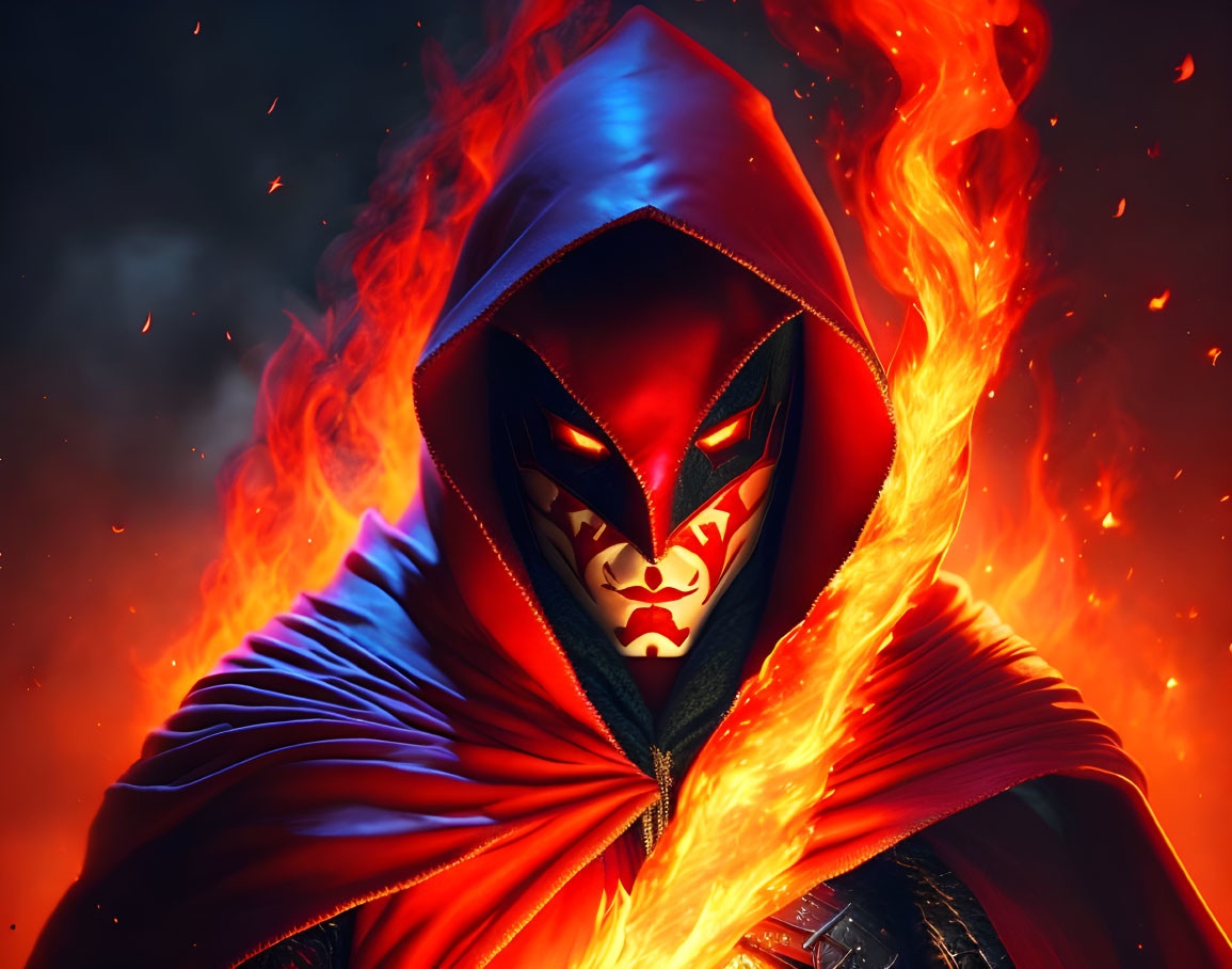 Mysterious figure in red cloak with stylized mask in fiery surroundings