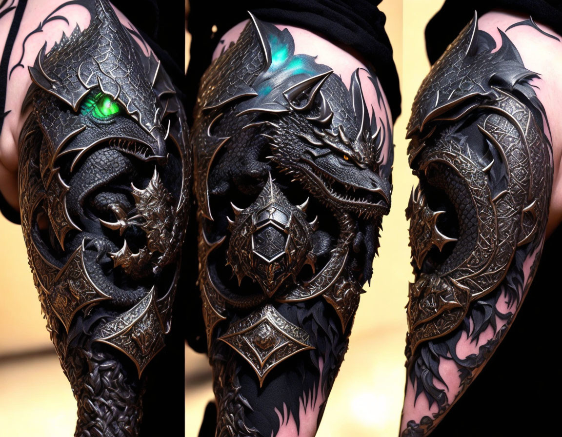 Detailed Black & Silver Dragon Armor Sleeve Tattoo with Green & Blue Accents