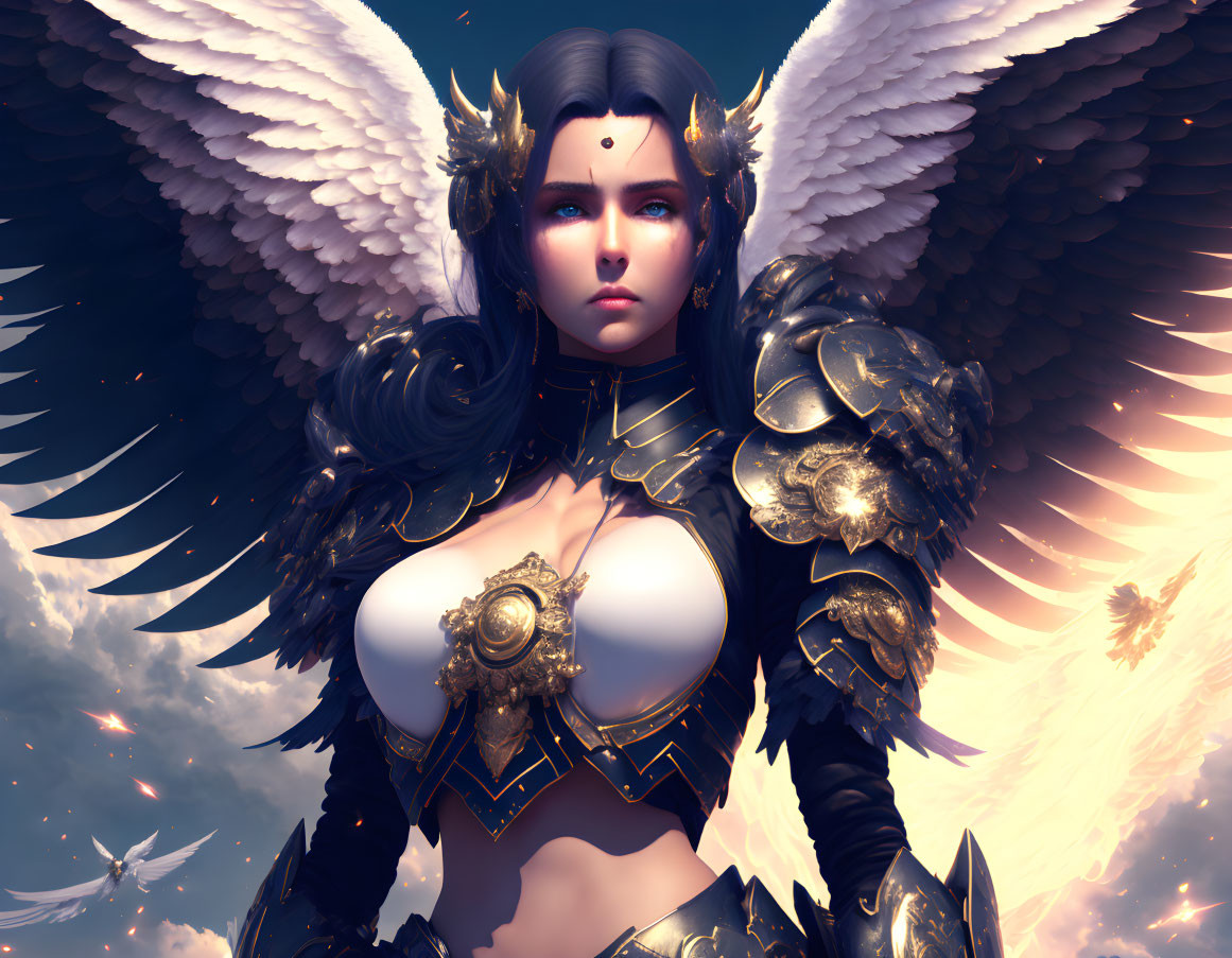 Female warrior digital artwork with white wings and ornate black & gold armor under a cloudy sky