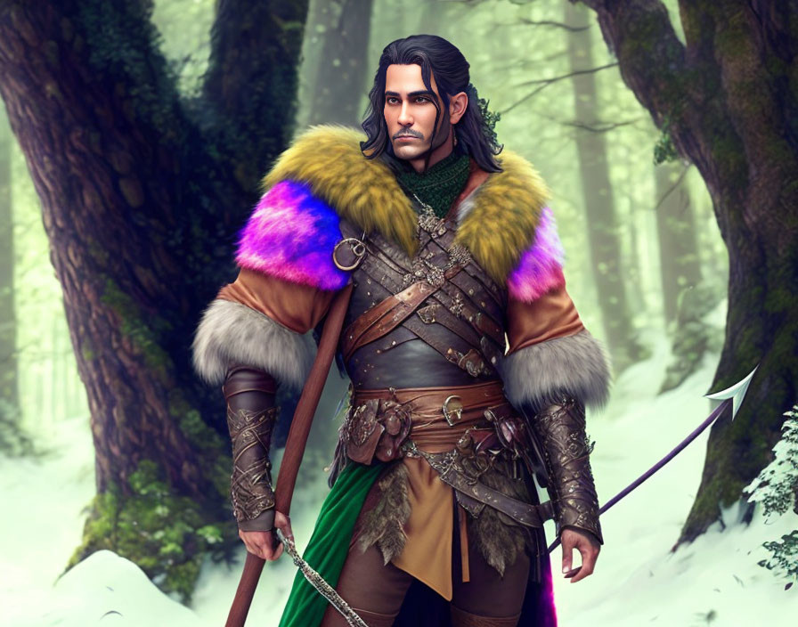 Regal figure in colorful fur cloak and armor in misty forest