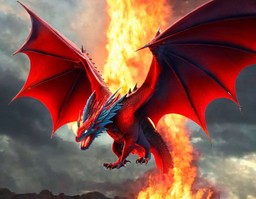 Red dragon flying and breathing fire with blue accents against stormy sky