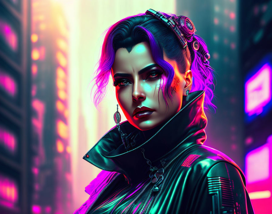 Futuristic cyberpunk woman with neon-lit background & cybernetic enhancements