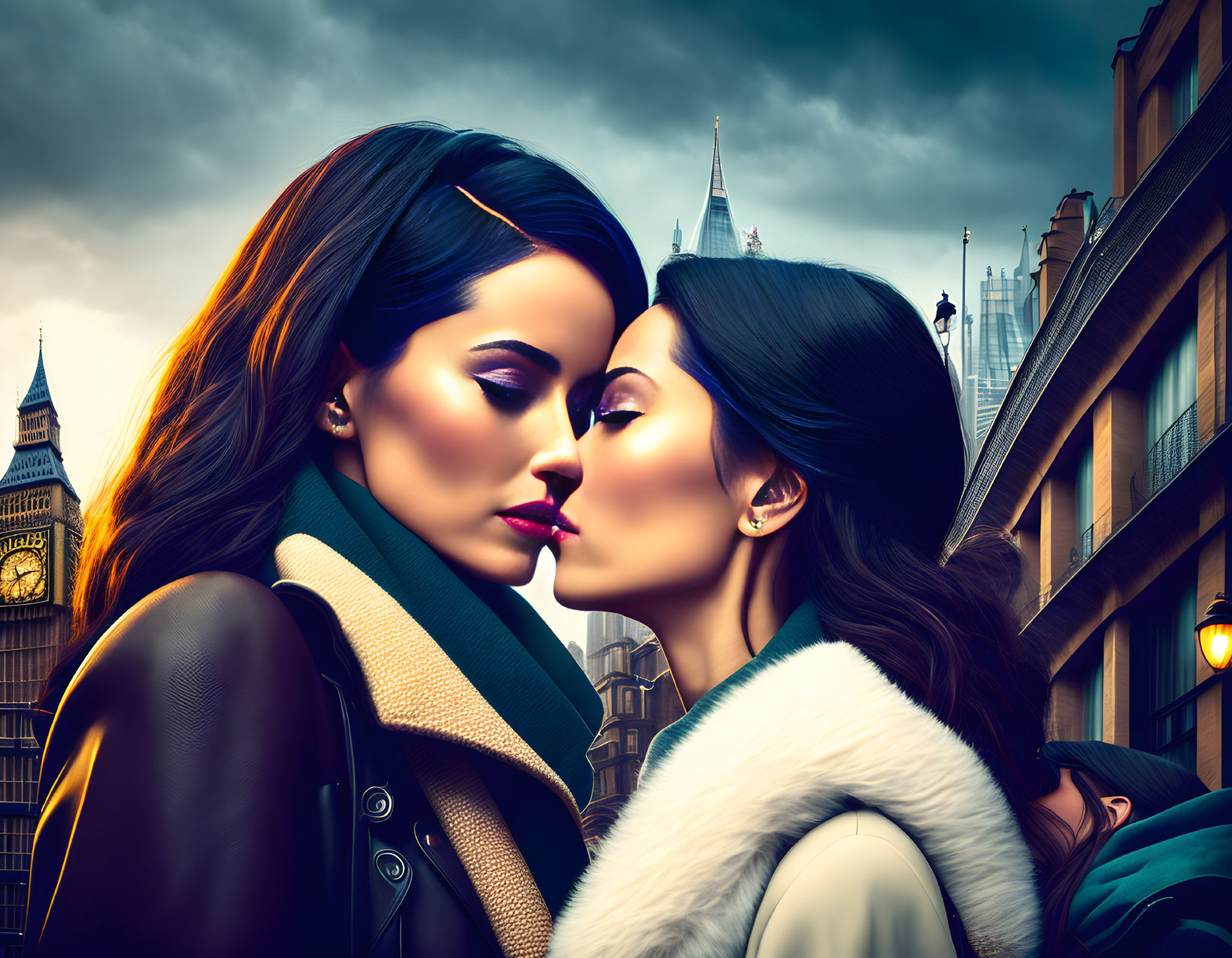 Two women kissing on stylized London street with Big Ben.