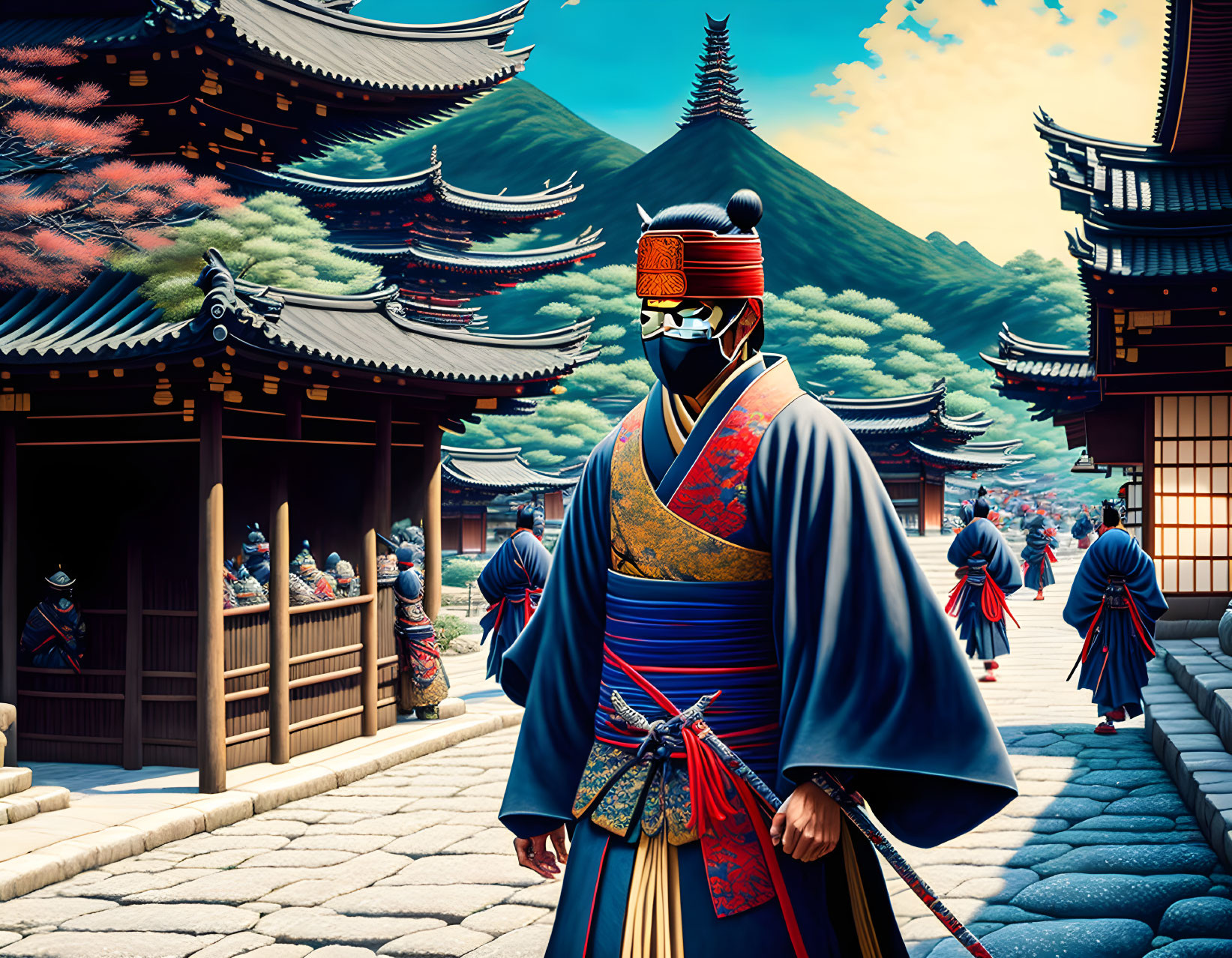 Traditional Japanese Scene: Samurai, Pagoda, Mountainous Background