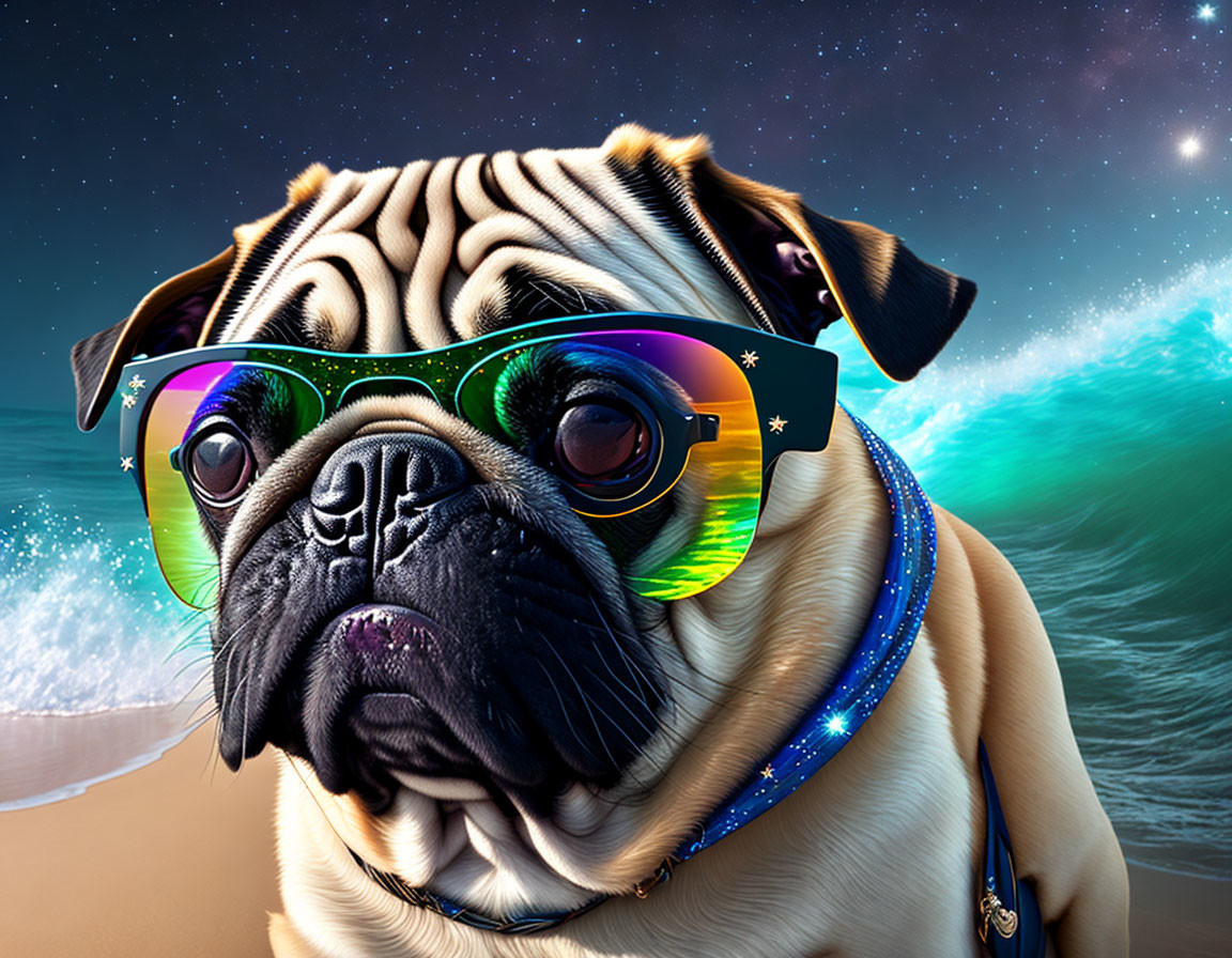 Colorful Sunglasses Pug with Gold Collar on Surreal Beach & Starry Sky