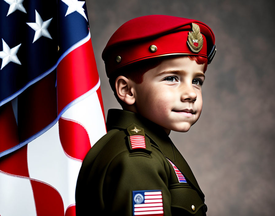 Child in military uniform with badges against American flag background