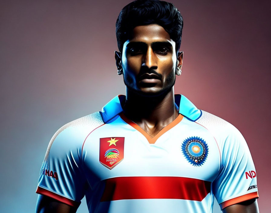 Colorful Cricket Jersey with National Emblems on Man in Digital Art