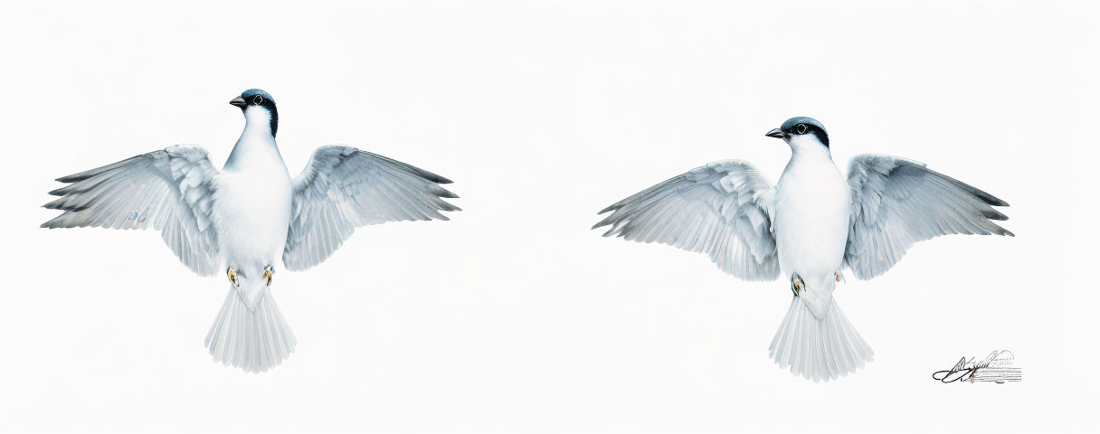 Symmetrical Seagulls in Flight with Spread Wings