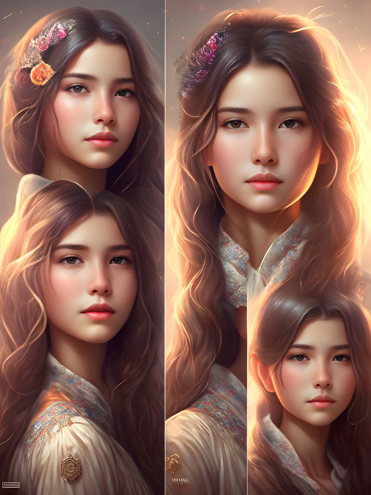 Young woman with long wavy hair and flowers in warm-toned portraits