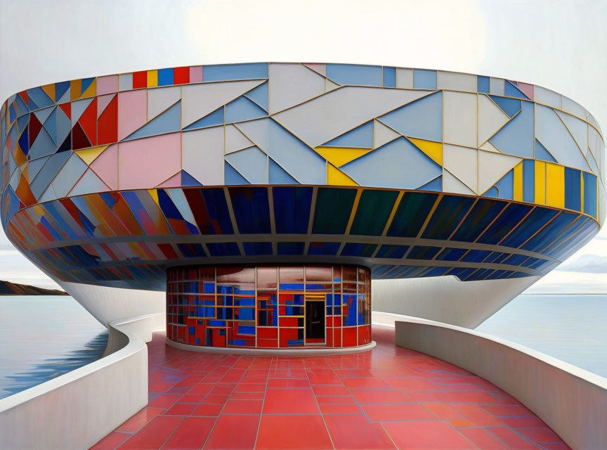 Colorful geometric-patterned building by calm water