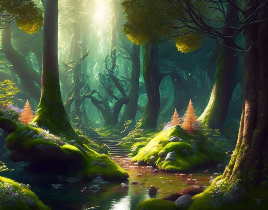 Mystical forest with greenery, moss, stream, sunlight