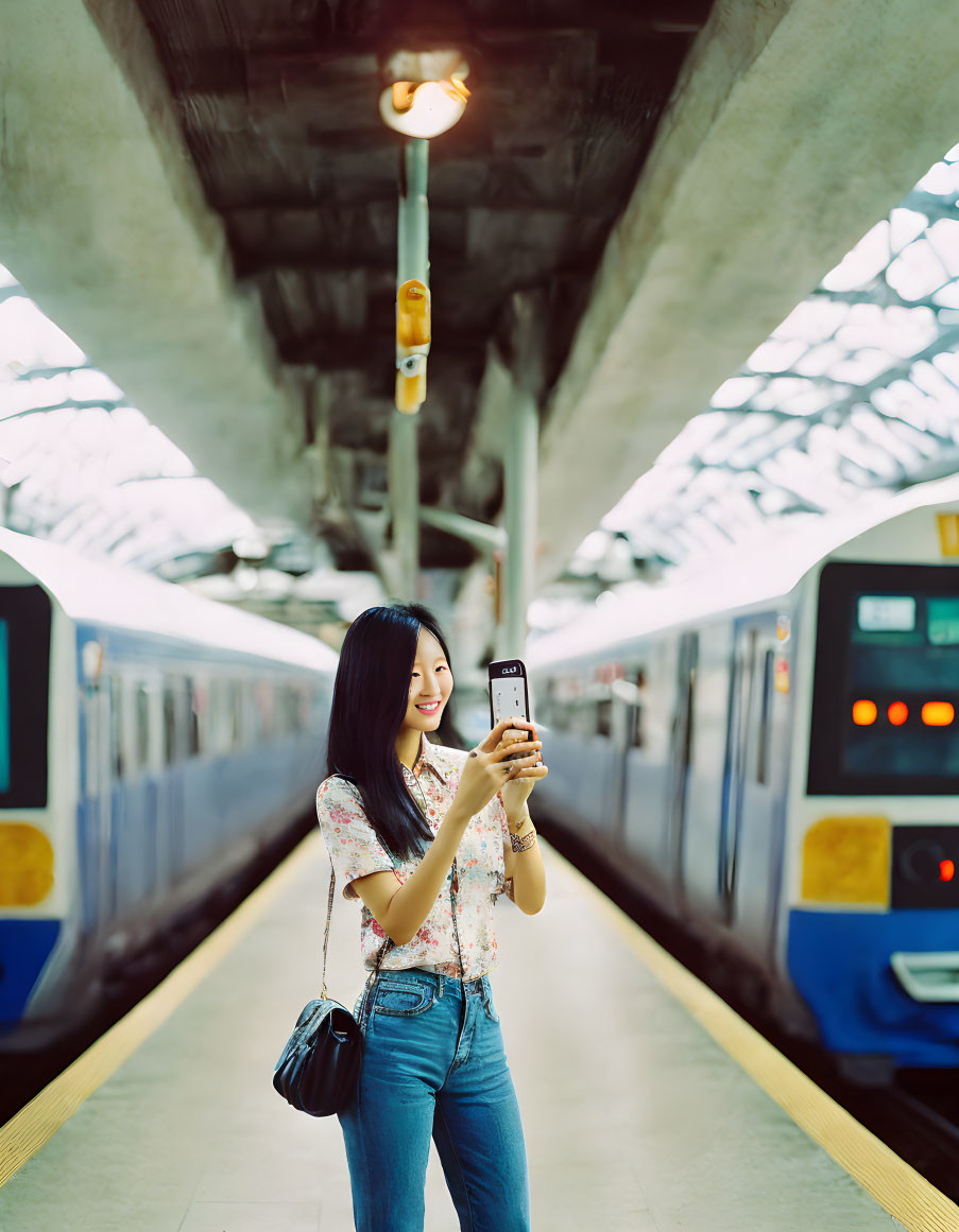 Smiling woman taking selfie at train station platform