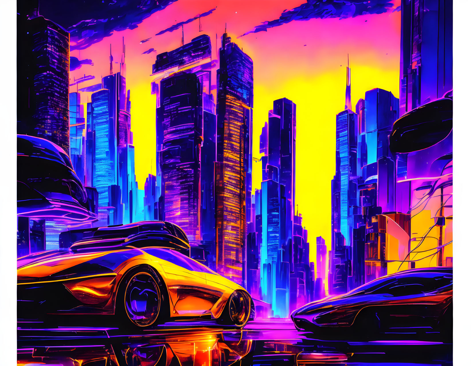 Futuristic cityscape at dusk: neon-lit skyscrapers, sleek cars, wet ground