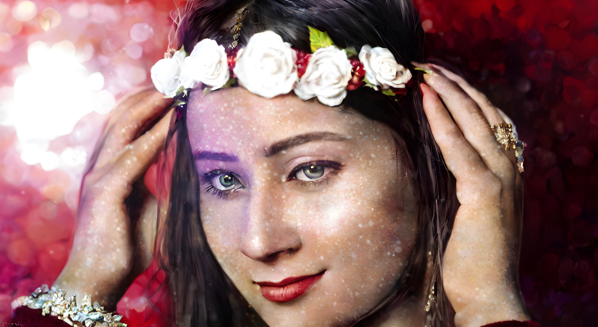 Woman with floral headband and sparkly makeup in front of red bokeh lights