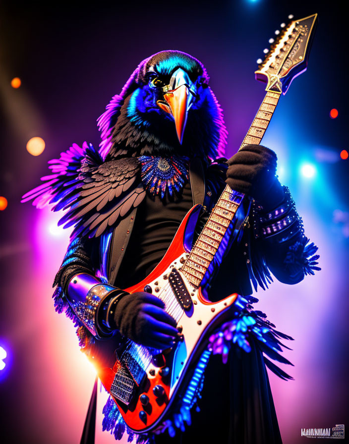 Elaborate bird costume with guitar under vibrant stage lighting