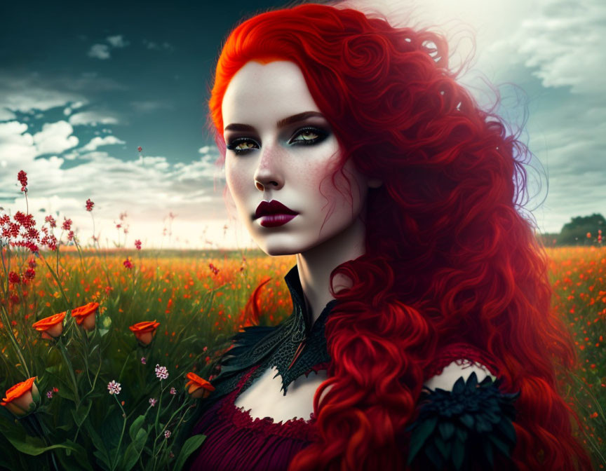 Digital artwork: Red-haired woman in field of red flowers