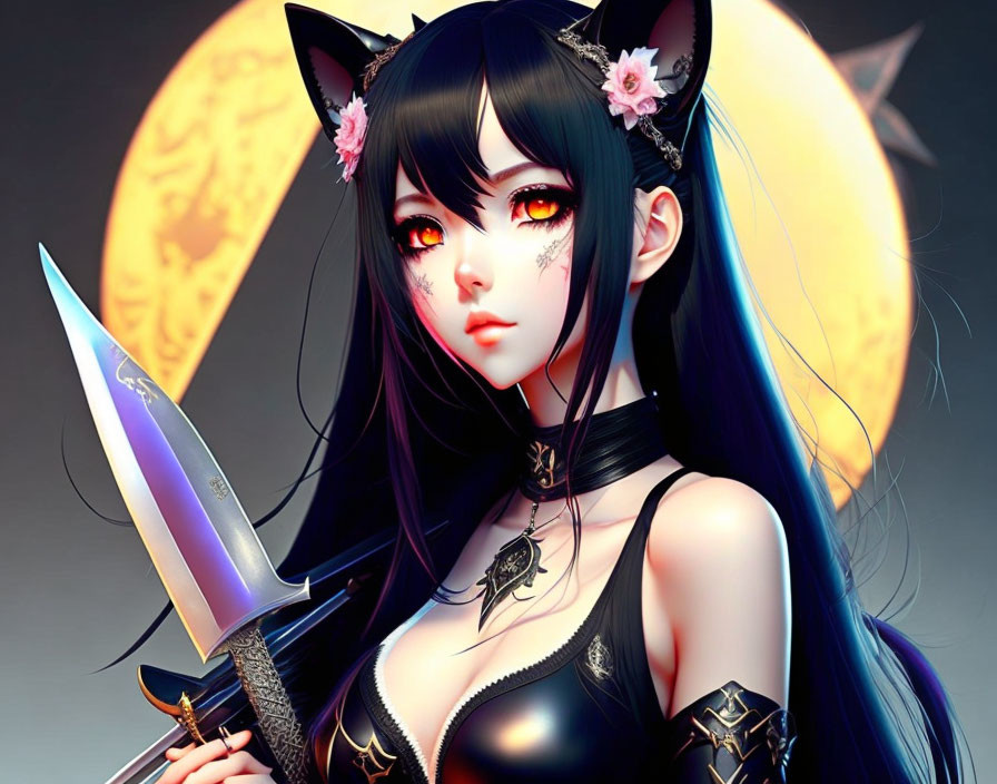 Anime-style girl with cat ears holding a knife under a yellow moon